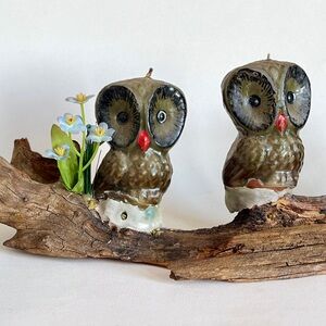 70s Owl Candle on Log Vintage Weathered Wood Assemblage MCM Sculpture Boho Decor